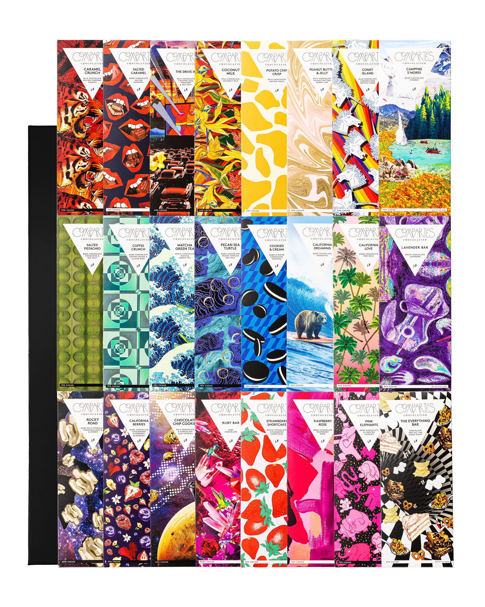Compartes gourmet chocolate bar gift collection, art wrapped bars in rows across a black box