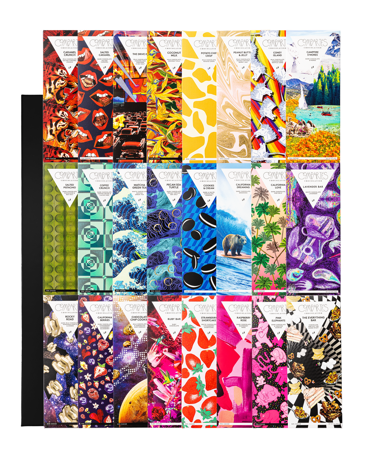 Compartes gourmet chocolate bar gift collection, art wrapped bars in rows across a black box