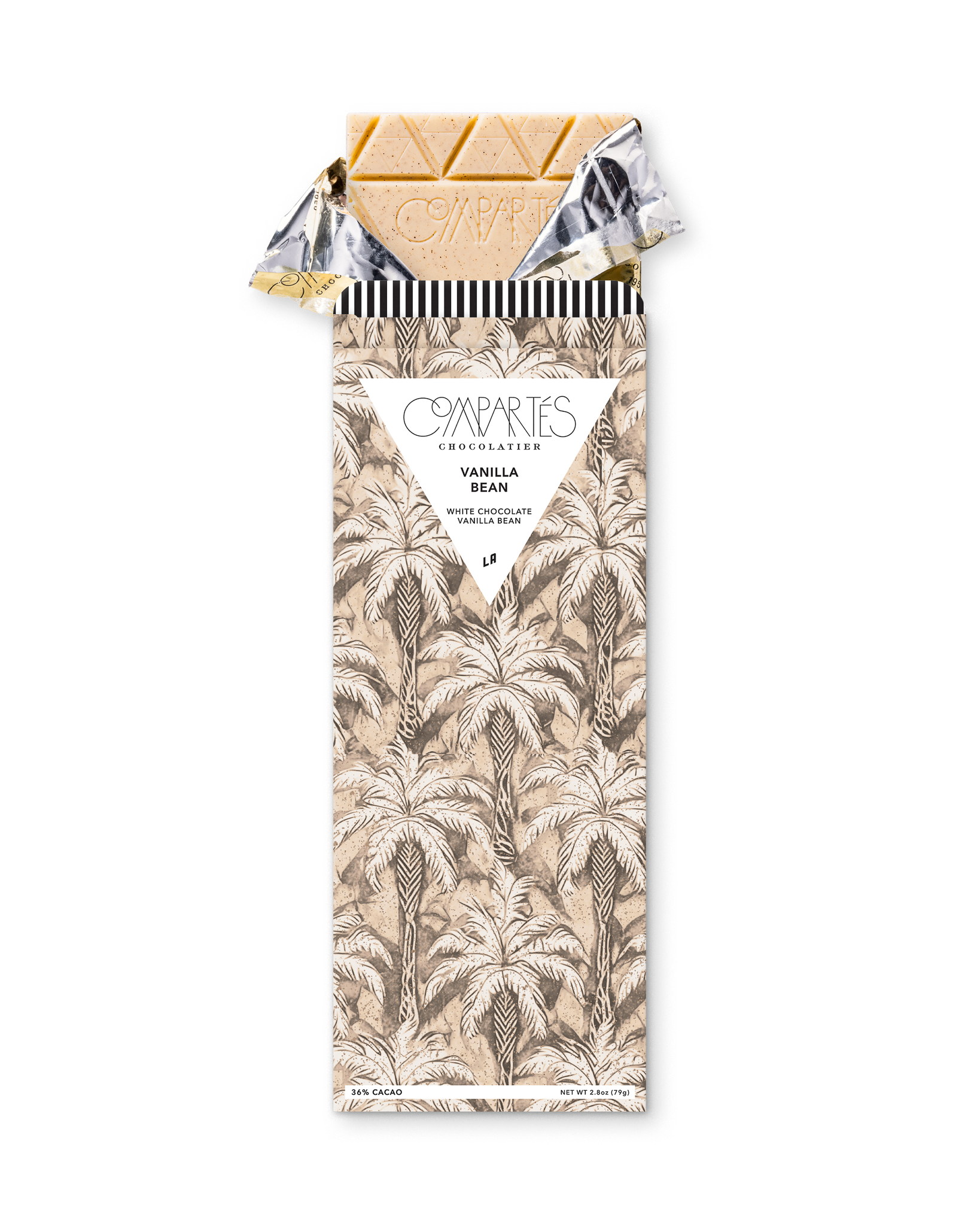 Compartes luxury vanilla bean chocolate bar gift, white chocolate in a cream palm tree wrapper