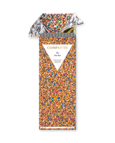 Compartes gourmet vanilla cake and dots chocolate bar, gold and coral dot wrapper, chocolate gift.