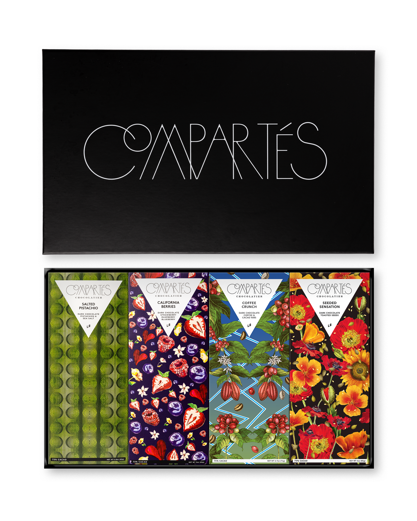 Compartes luxury Vegan chocolate bar gift set, dark bars with pistachio, berry and floral wrapper art