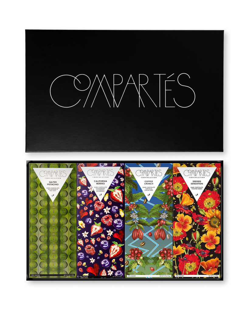 Compartes luxury Vegan chocolate bar gift set, dark bars with pistachio, berry and floral wrapper art