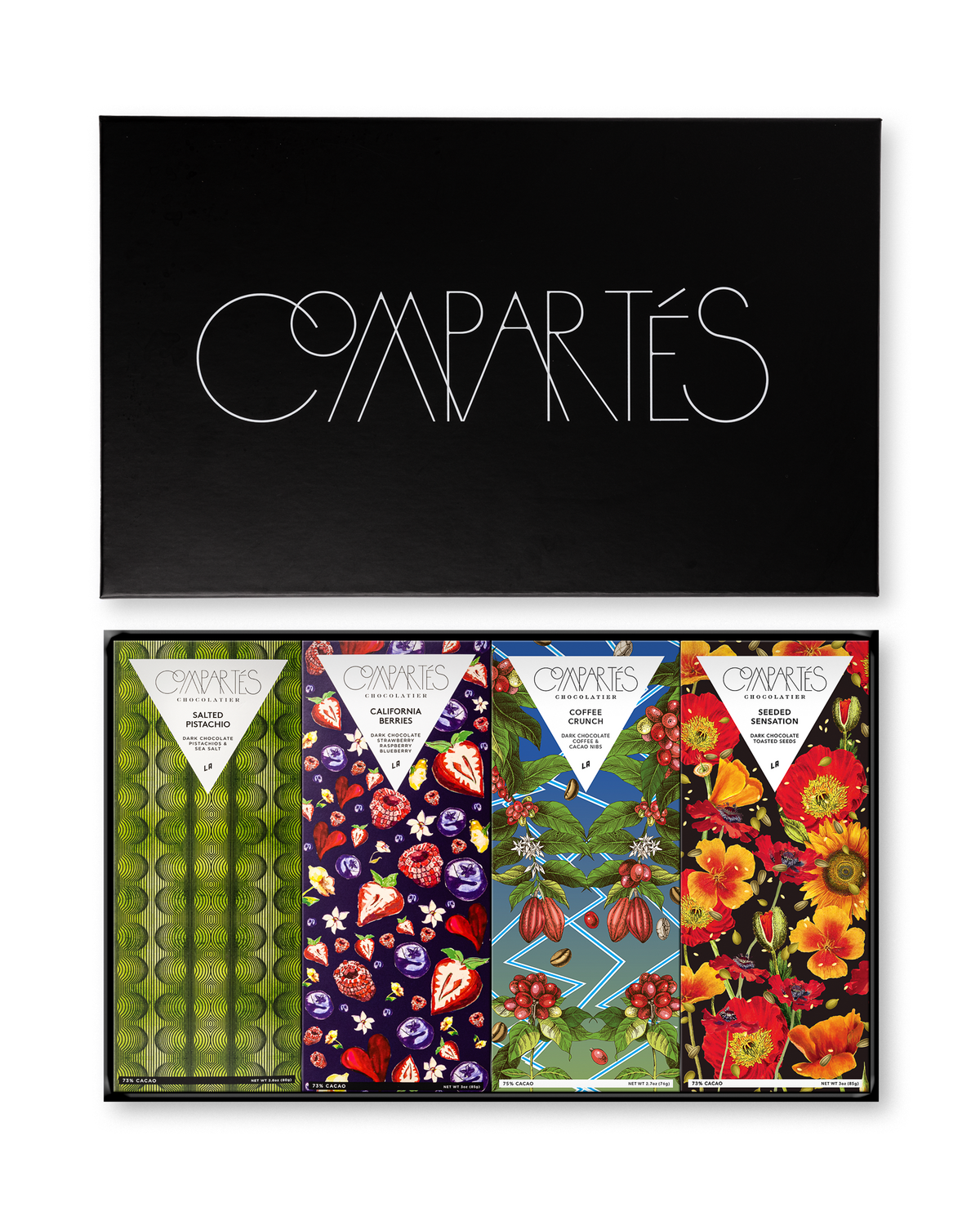 Compartes luxury Vegan chocolate bar gift set, dark bars with pistachio, berry and floral wrapper art