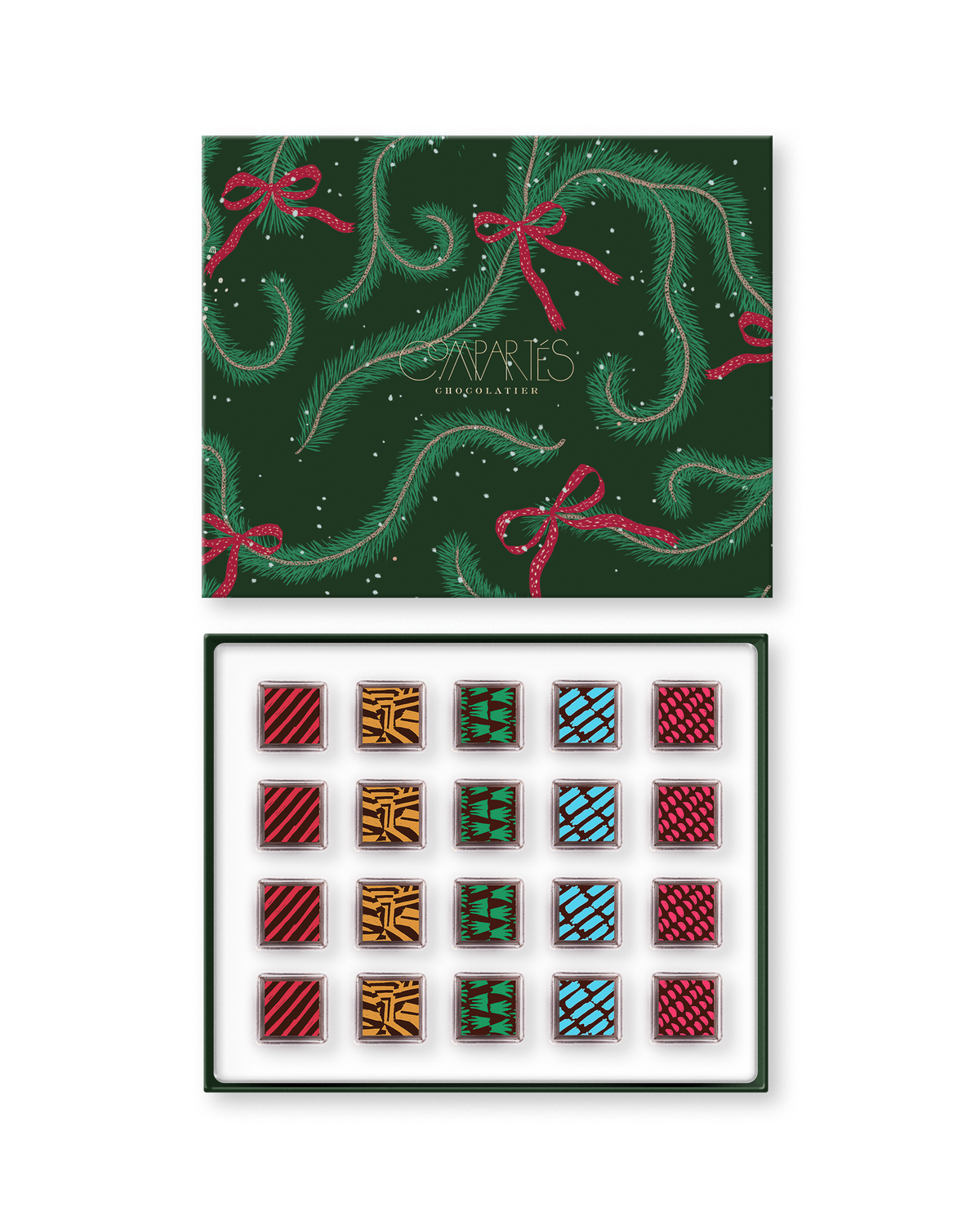 Compartes best Vegan chocolate truffles in a green pine print gift box, squares in rich red, gold and teal patterns