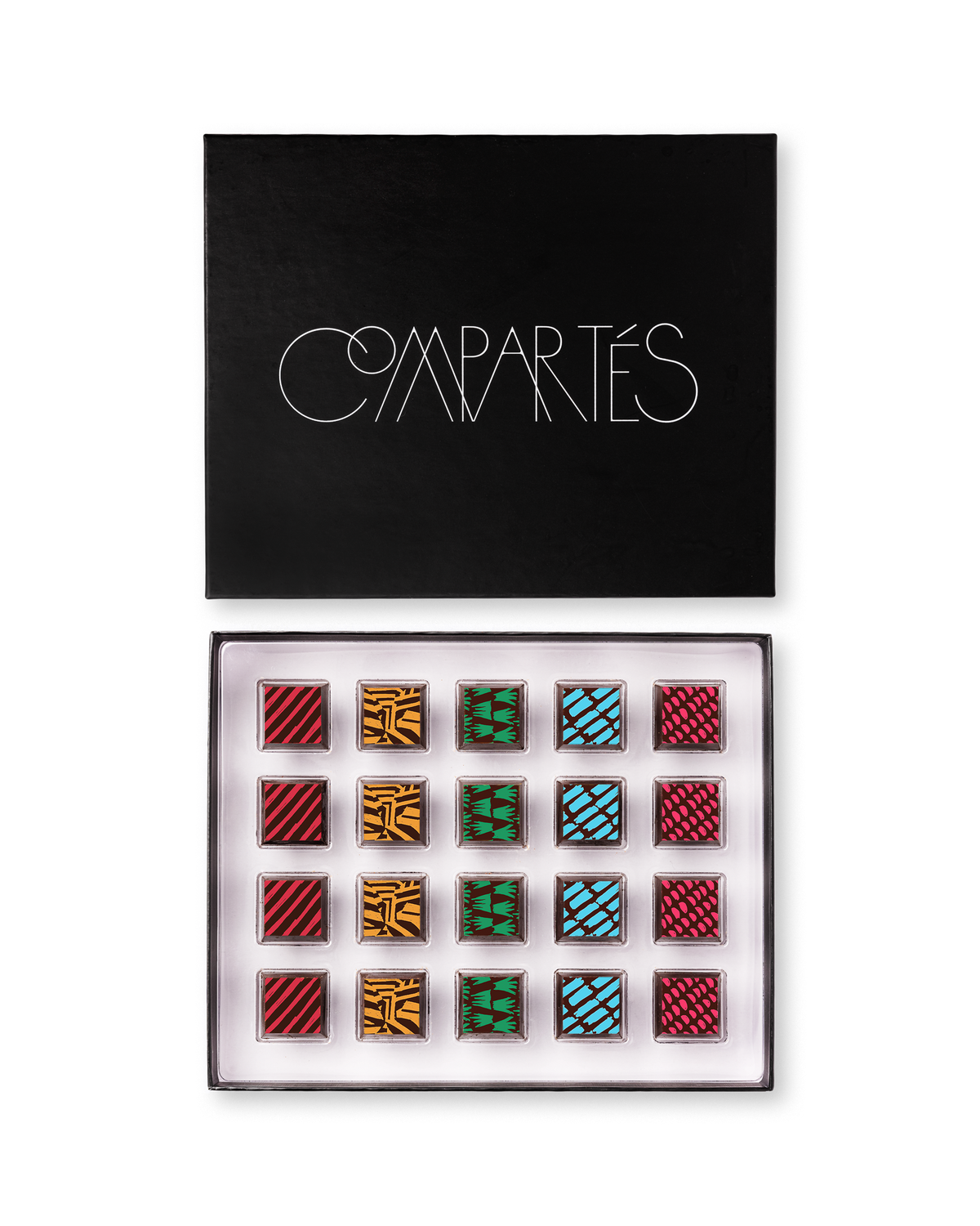 Compartes best Vegan chocolate truffles in a black gift box, squares in rich red, gold and teal patterns