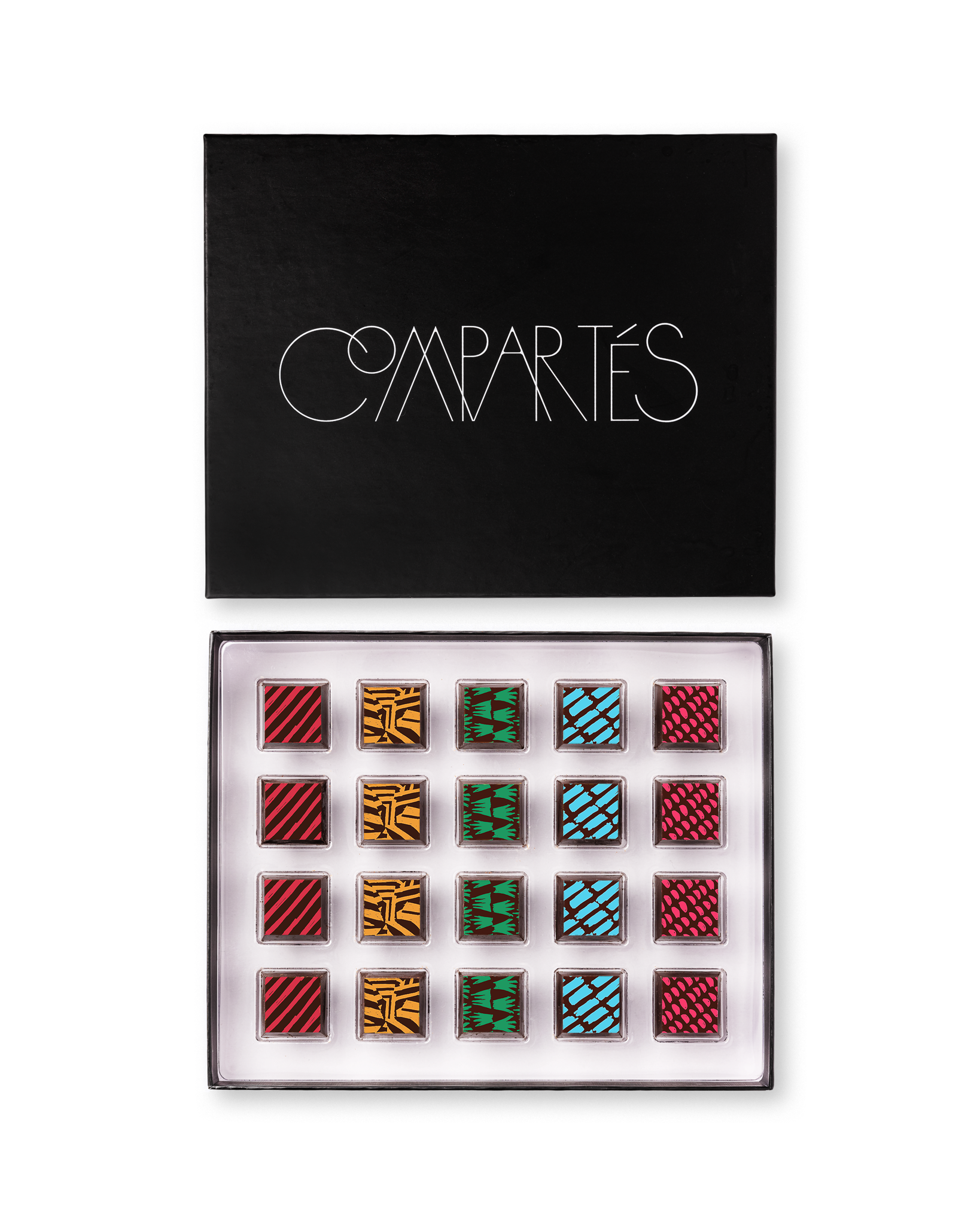 Compartes best Vegan chocolate truffles in a black gift box, squares in rich red, gold and teal patterns