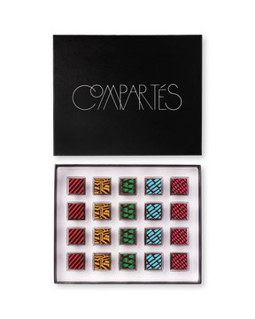 Compartes best Vegan chocolate truffles in a black gift box, squares in rich red, gold and teal patterns