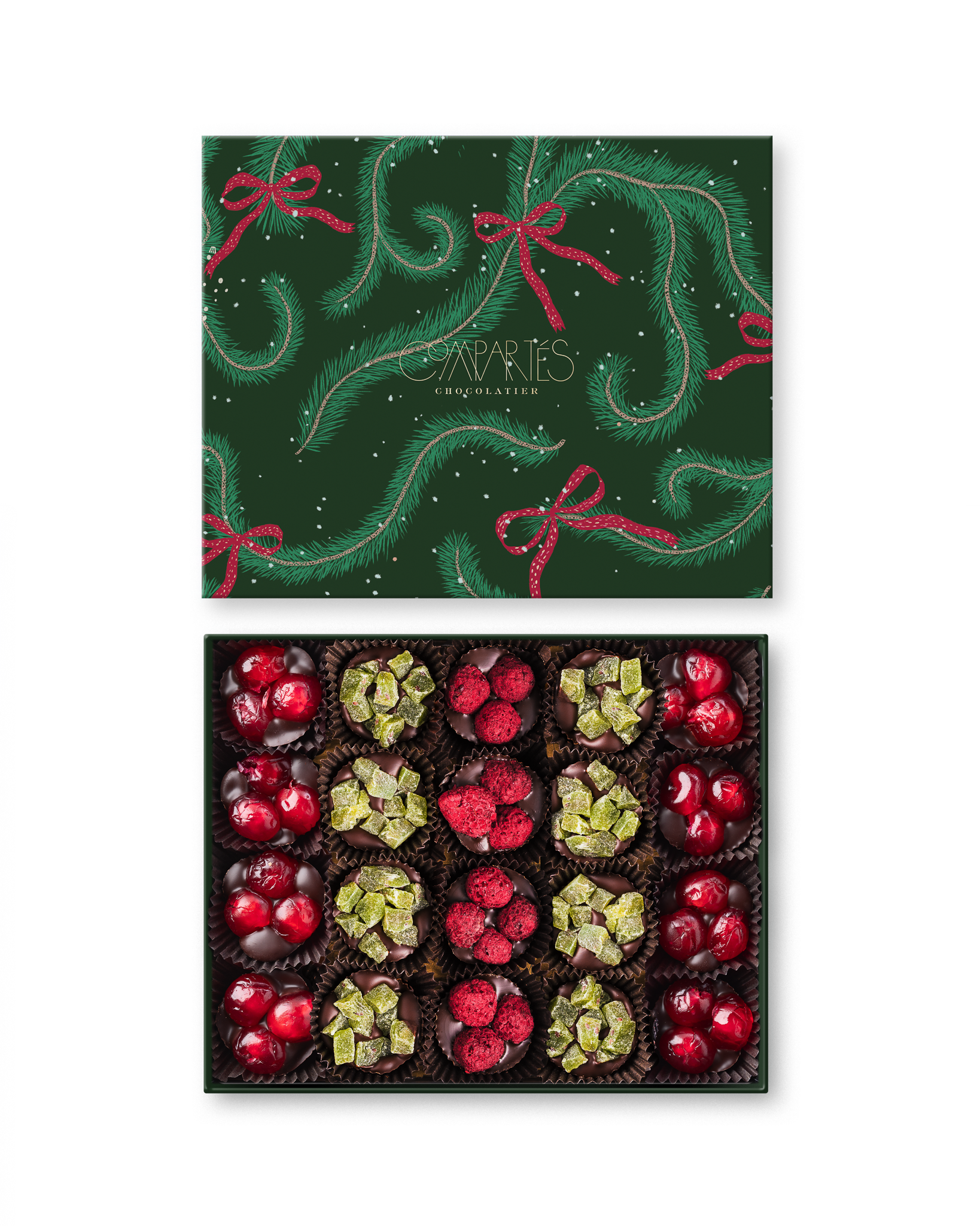 Compartes gourmet Vegan Christmas chocolates, dark chocolate clusters with cranberries and kiwi, pine print gift box