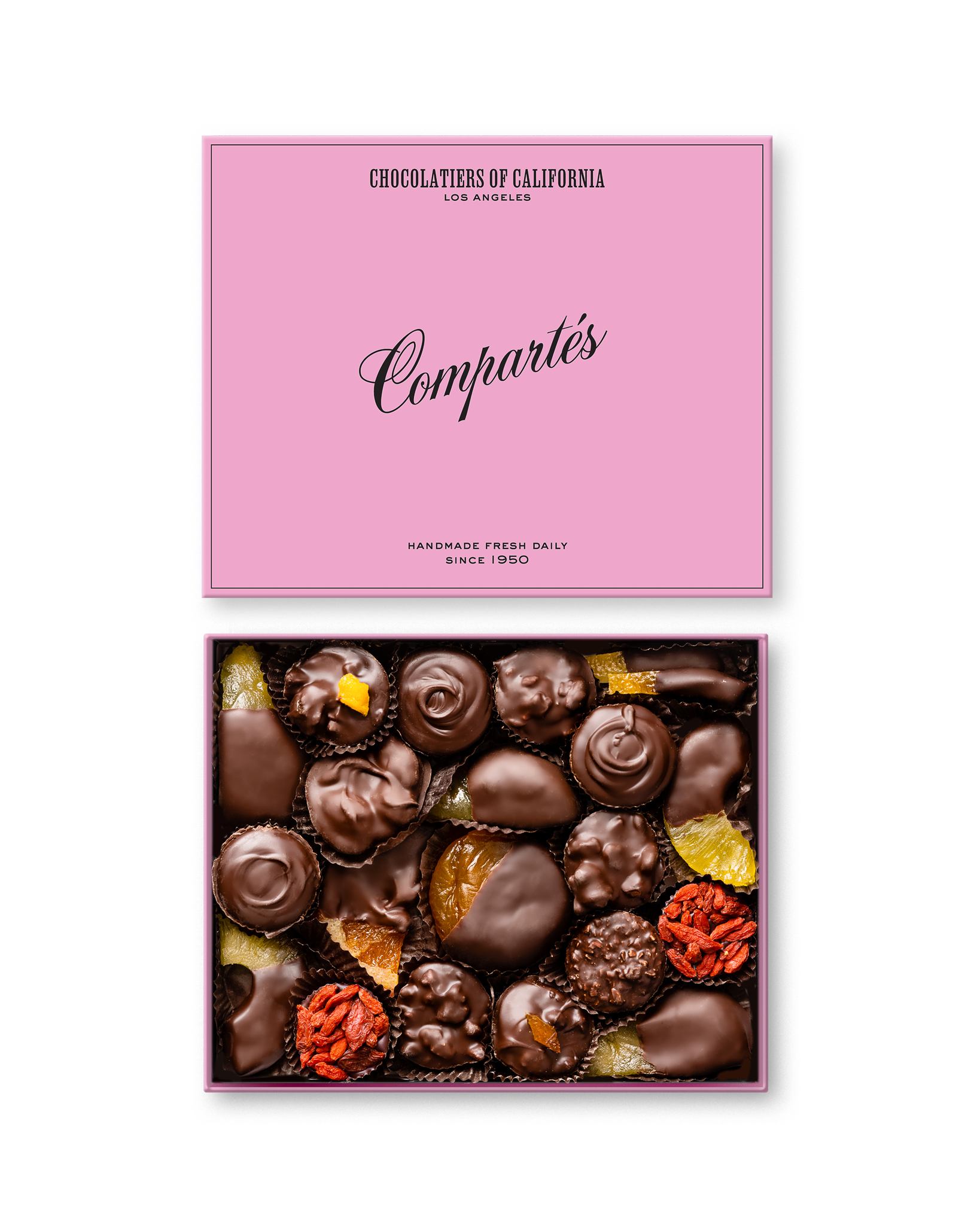 Compartes gourmet Vegan dark chocolate gift box, dark chocolates and dipped fruits under a pink lid