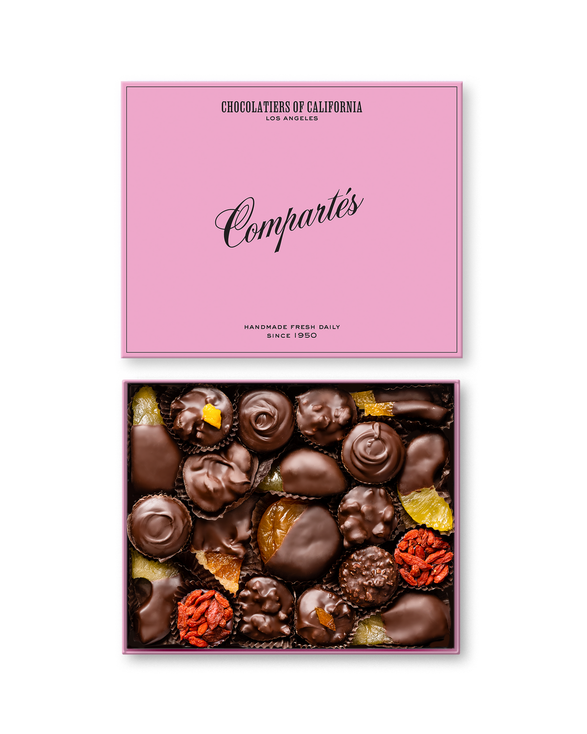 Compartes gourmet Vegan dark chocolate gift box, dark chocolates and dipped fruits under a pink lid