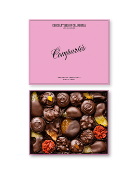 Compartes gourmet Vegan dark chocolate gift box, dark chocolates and dipped fruits under a pink lid