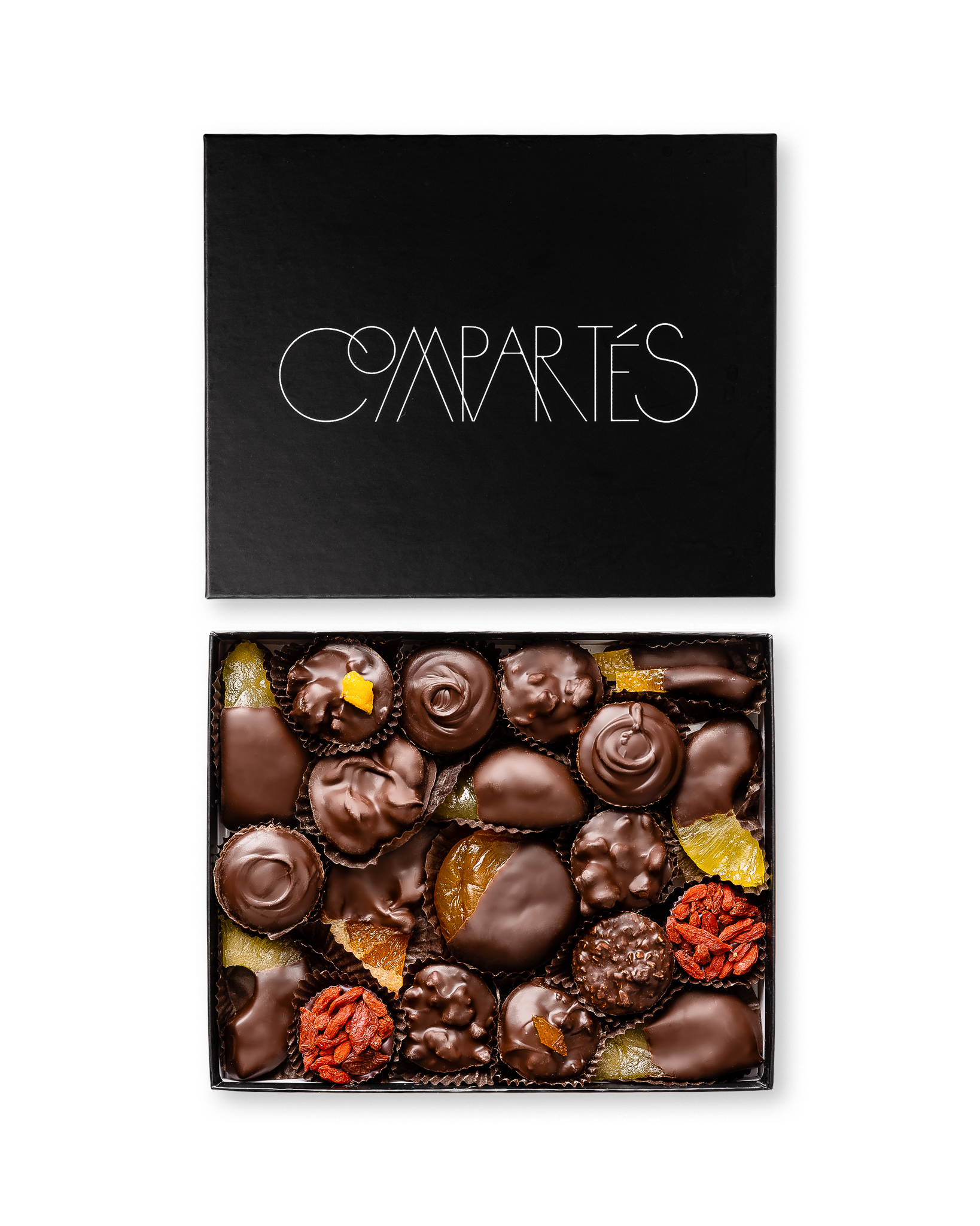 Compartes gourmet Vegan dark chocolate gift box, dark chocolates and dipped fruits in a black box
