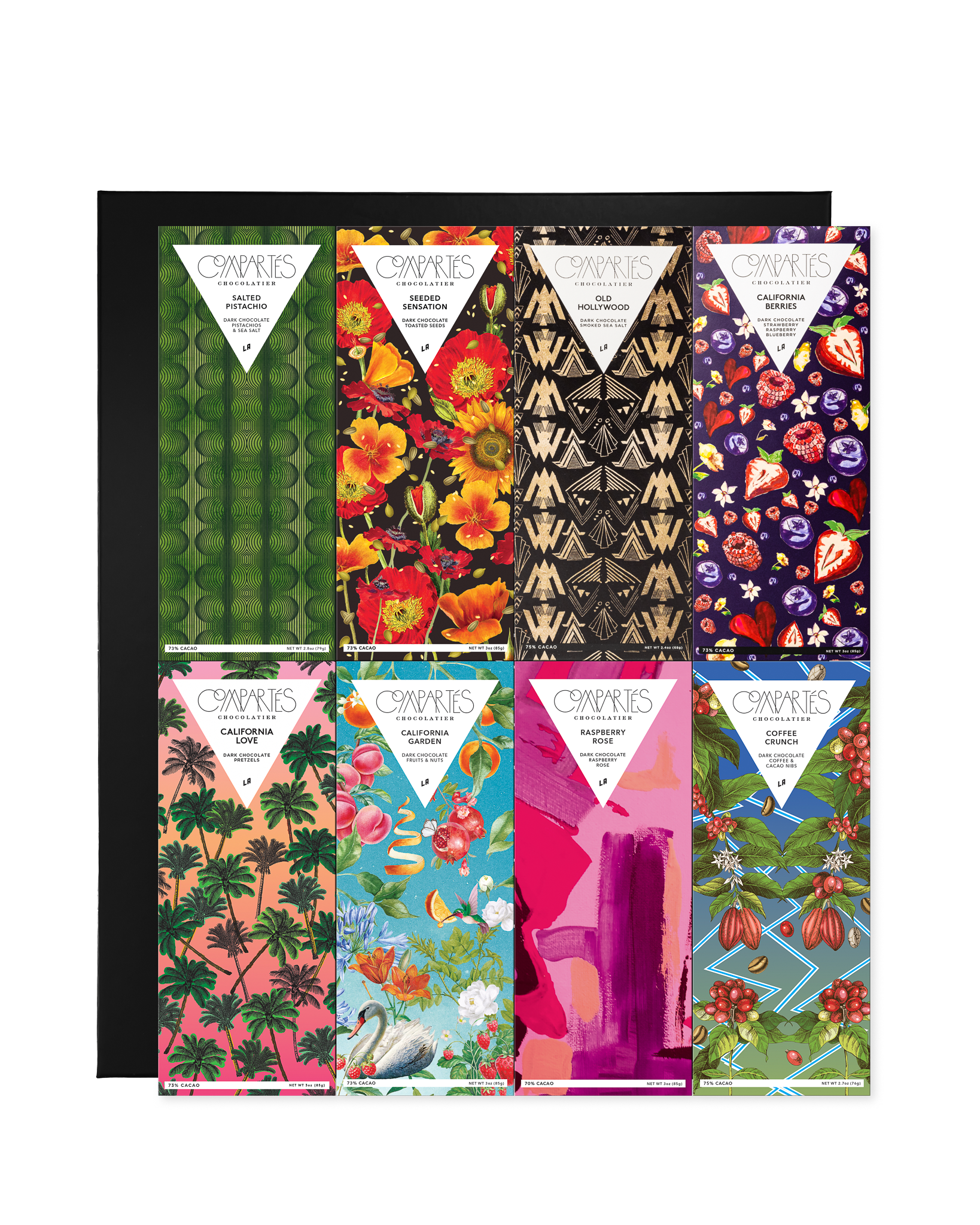 Compartes Vegan luxury chocolate bar gift set, floral and palm print bars in a black box