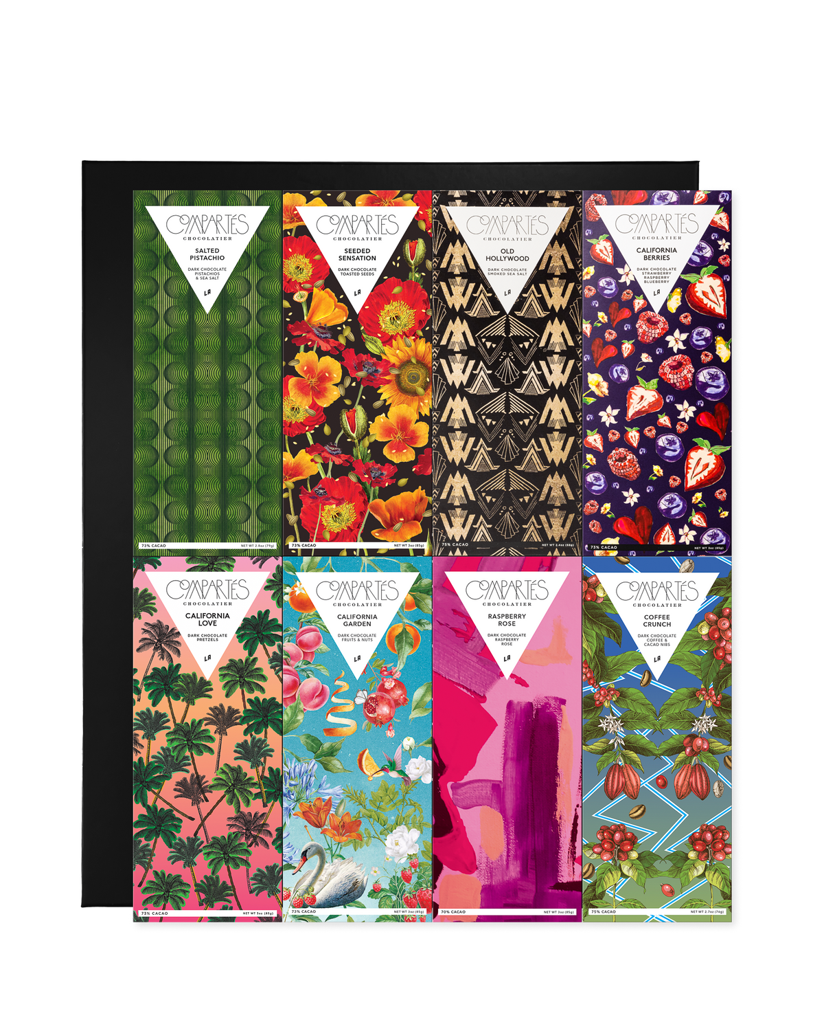 Compartes Vegan luxury chocolate bar gift set, floral and palm print bars in a black box