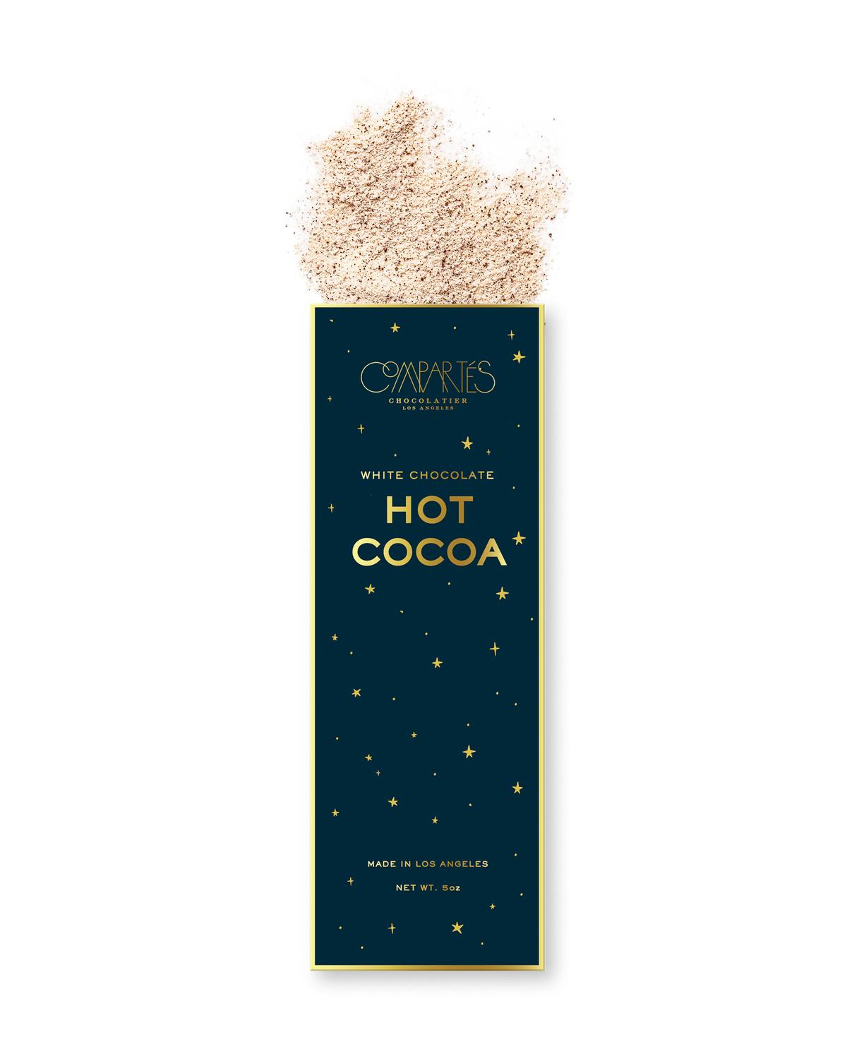 Compartes best white hot chocolate mix, deep blue and gold star box with cocoa powder, chocolate gift