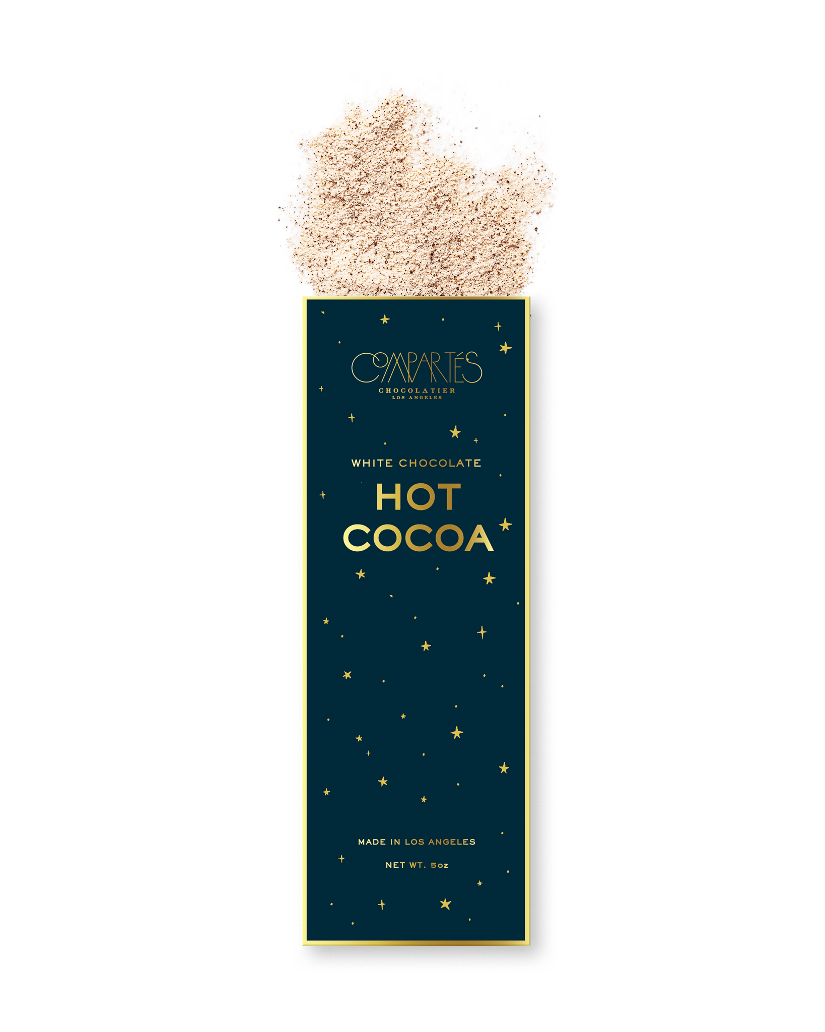 Compartes best white hot chocolate mix, deep blue and gold star box with cocoa powder, chocolate gift