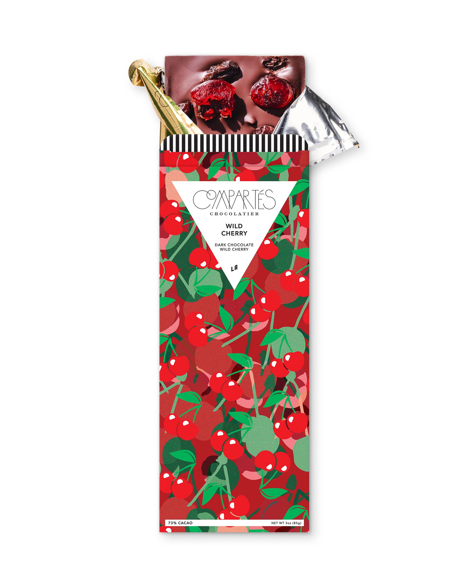 Compartes gourmet chocolate gift bar, dark chocolate with wild cherries in a red cherry wrapper