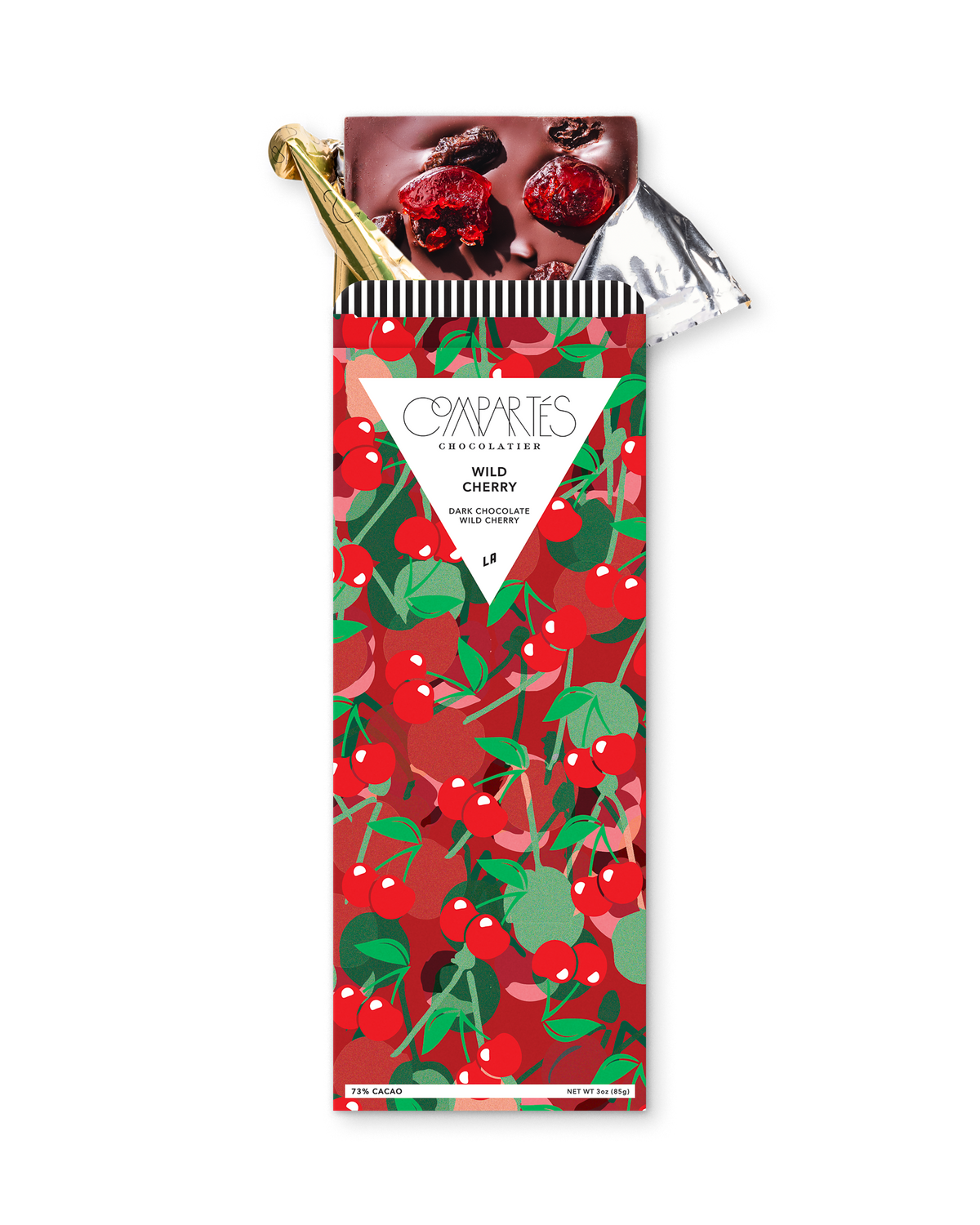 Compartes gourmet chocolate gift bar, dark chocolate with wild cherries in a red cherry wrapper