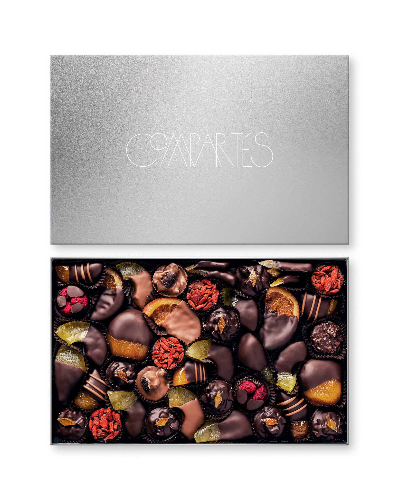 Compartes world's best chocolate dipped fruit gift box, orange, apricot and strawberry under a silver lid