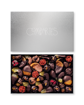 Compartes world's best chocolate dipped fruit gift box, orange, apricot and strawberry under a silver lid