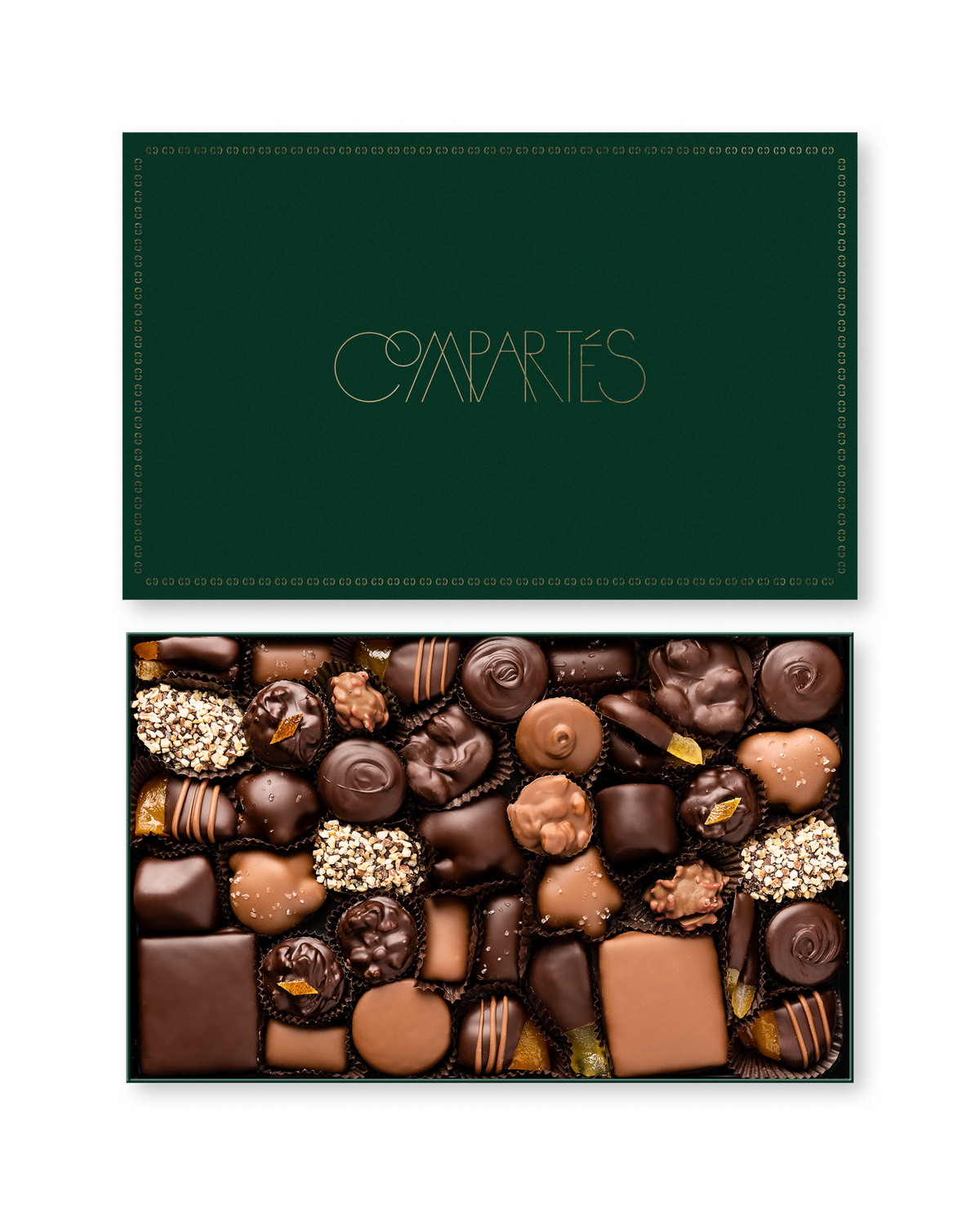 Compartes luxury chocolate gift box, dark and milk chocolates under a deep green and gold lid