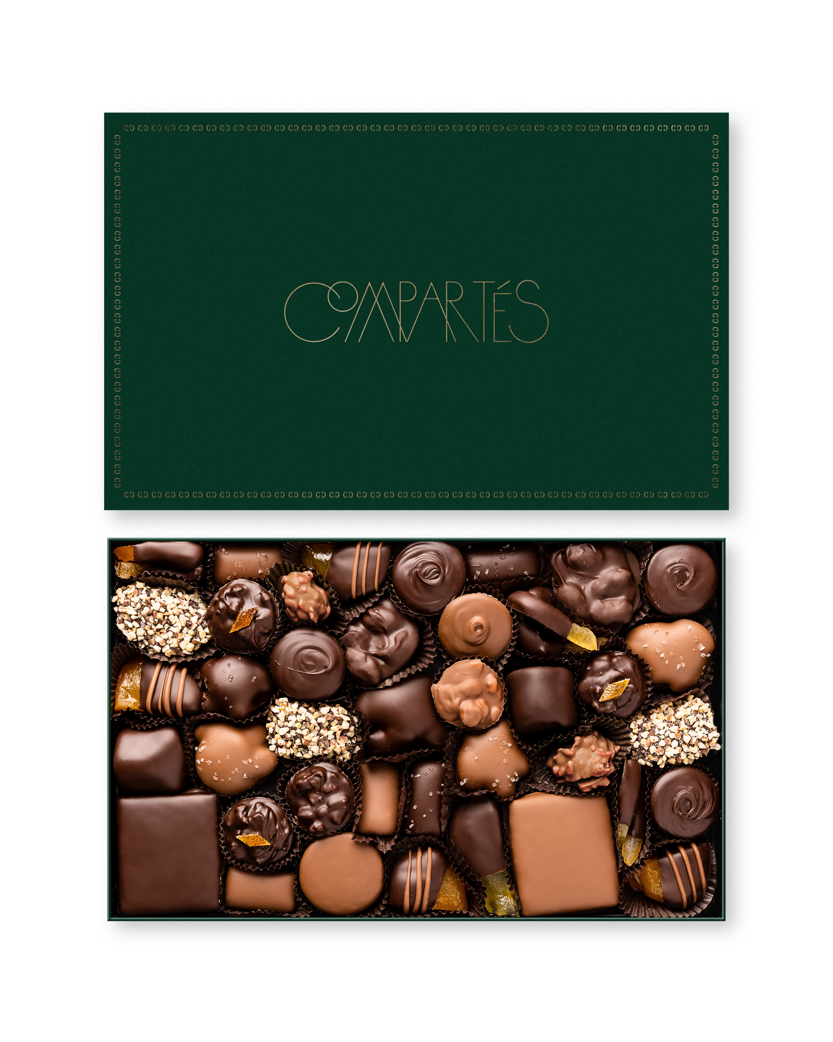 Compartes luxury chocolate gift box, dark and milk chocolates under a deep green and gold lid
