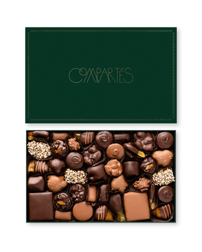 Compartes luxury chocolate gift box, dark and milk chocolates under a deep green and gold lid