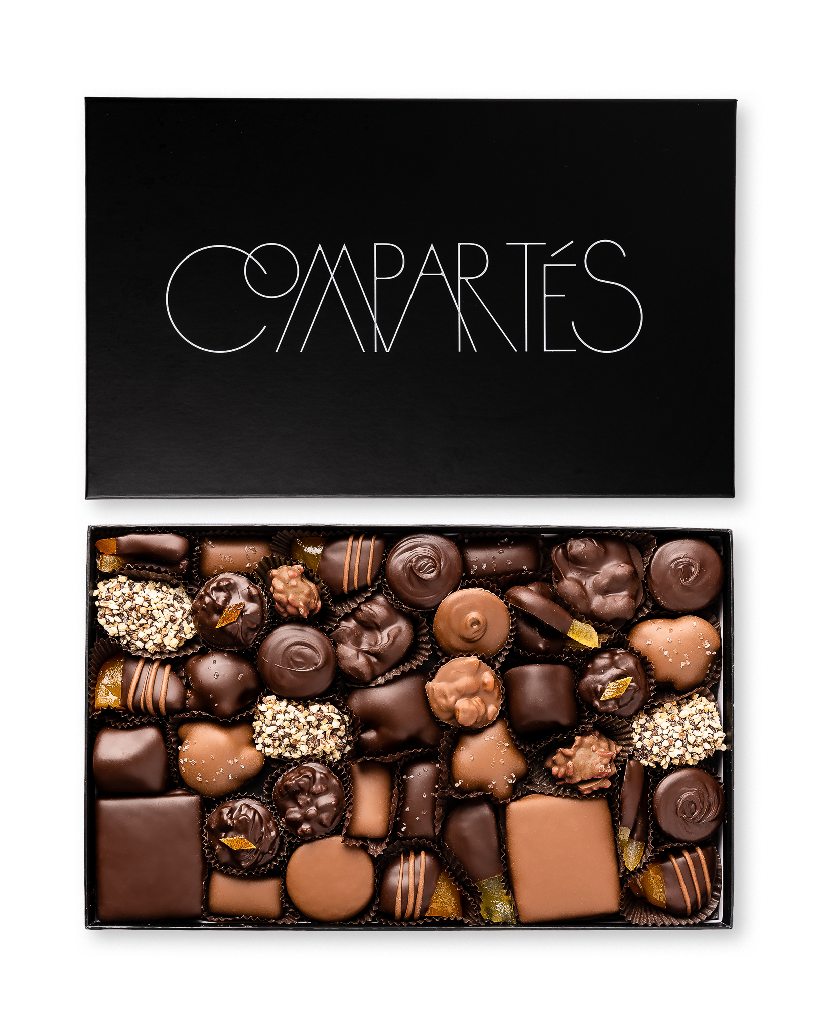Compartes world's best chocolate large gift box, dark and milk chocolate pieces in a black box