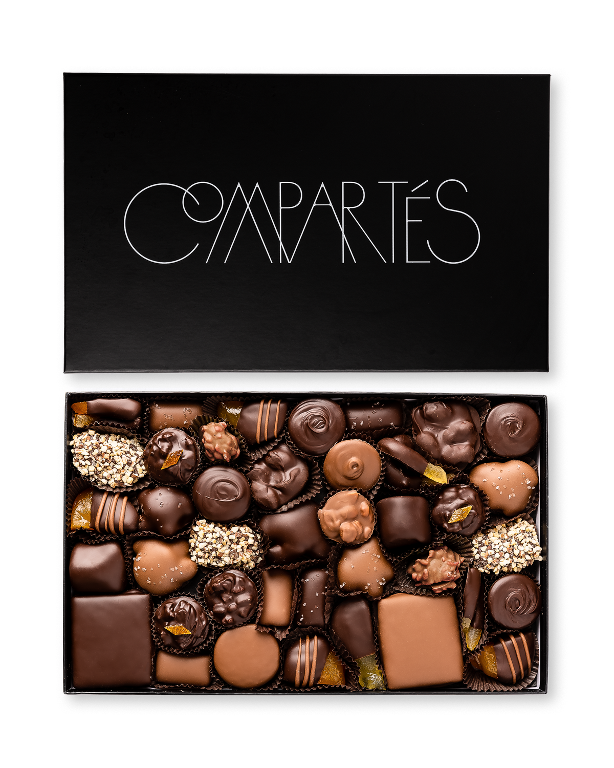 Compartes world's best chocolate large gift box, dark and milk chocolate pieces in a black box