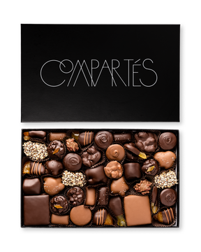 Compartes world's best chocolate large gift box, dark and milk chocolate pieces in a black box