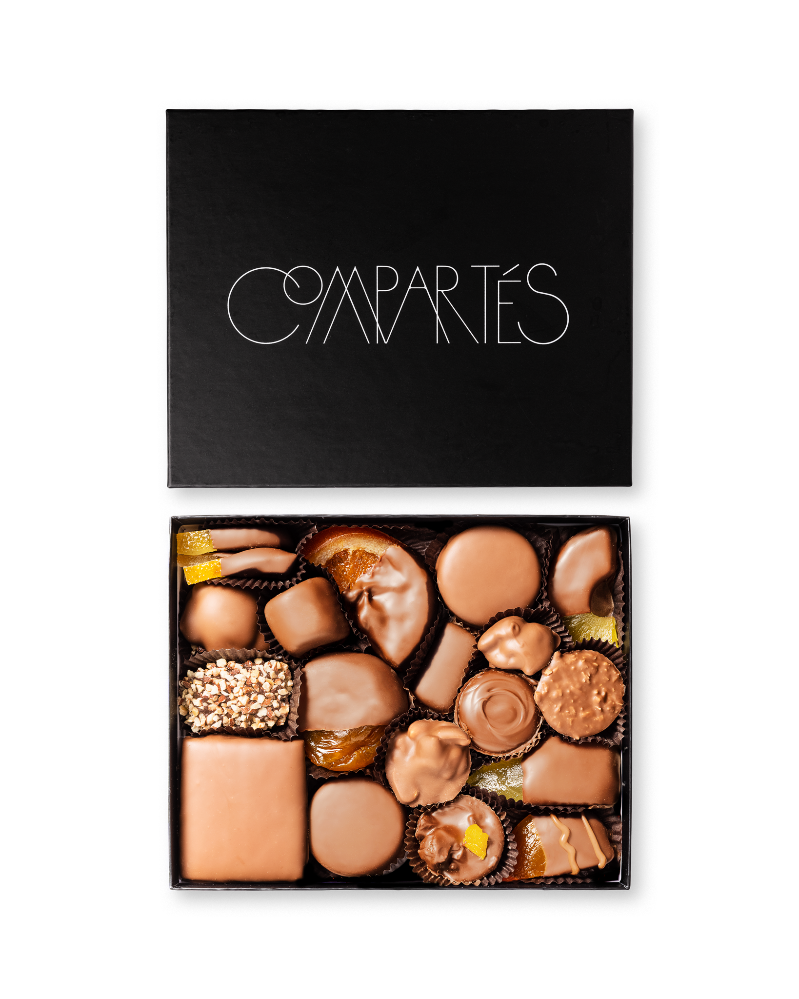 Compartes world famous gourmet chocolates, milk chocolate pieces in a black gift box
