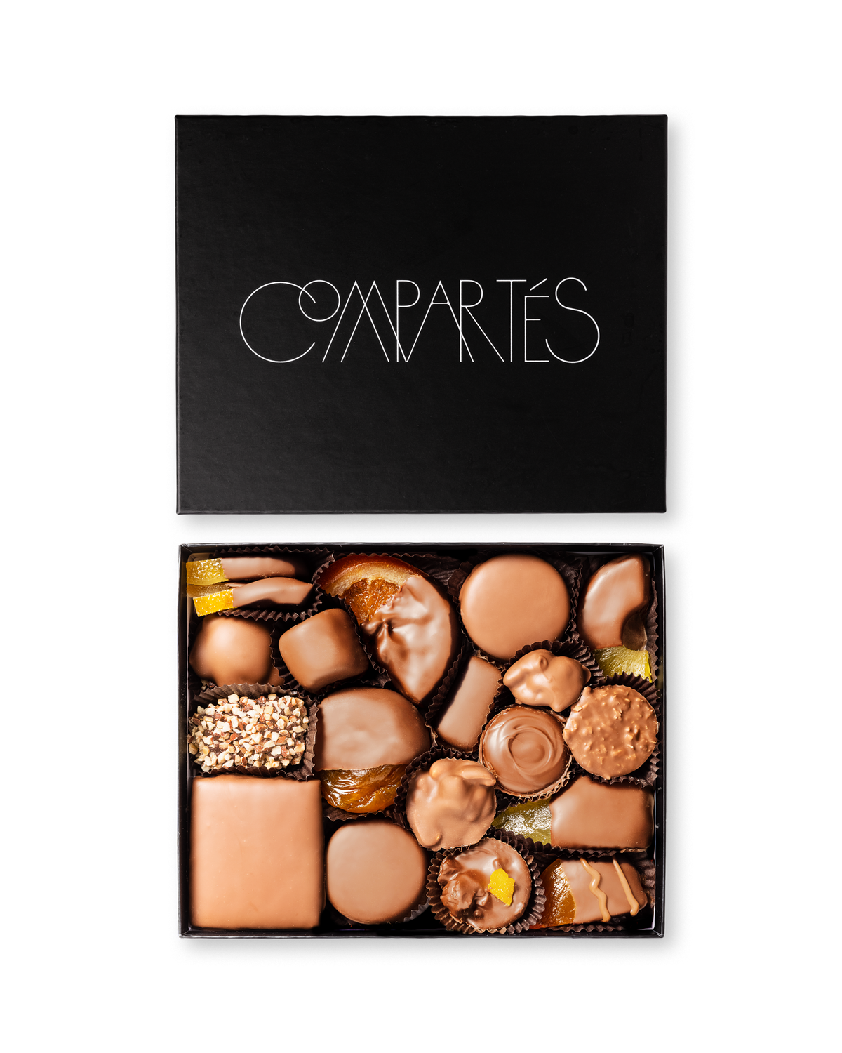 Compartes world famous gourmet chocolates, milk chocolate pieces in a black gift box
