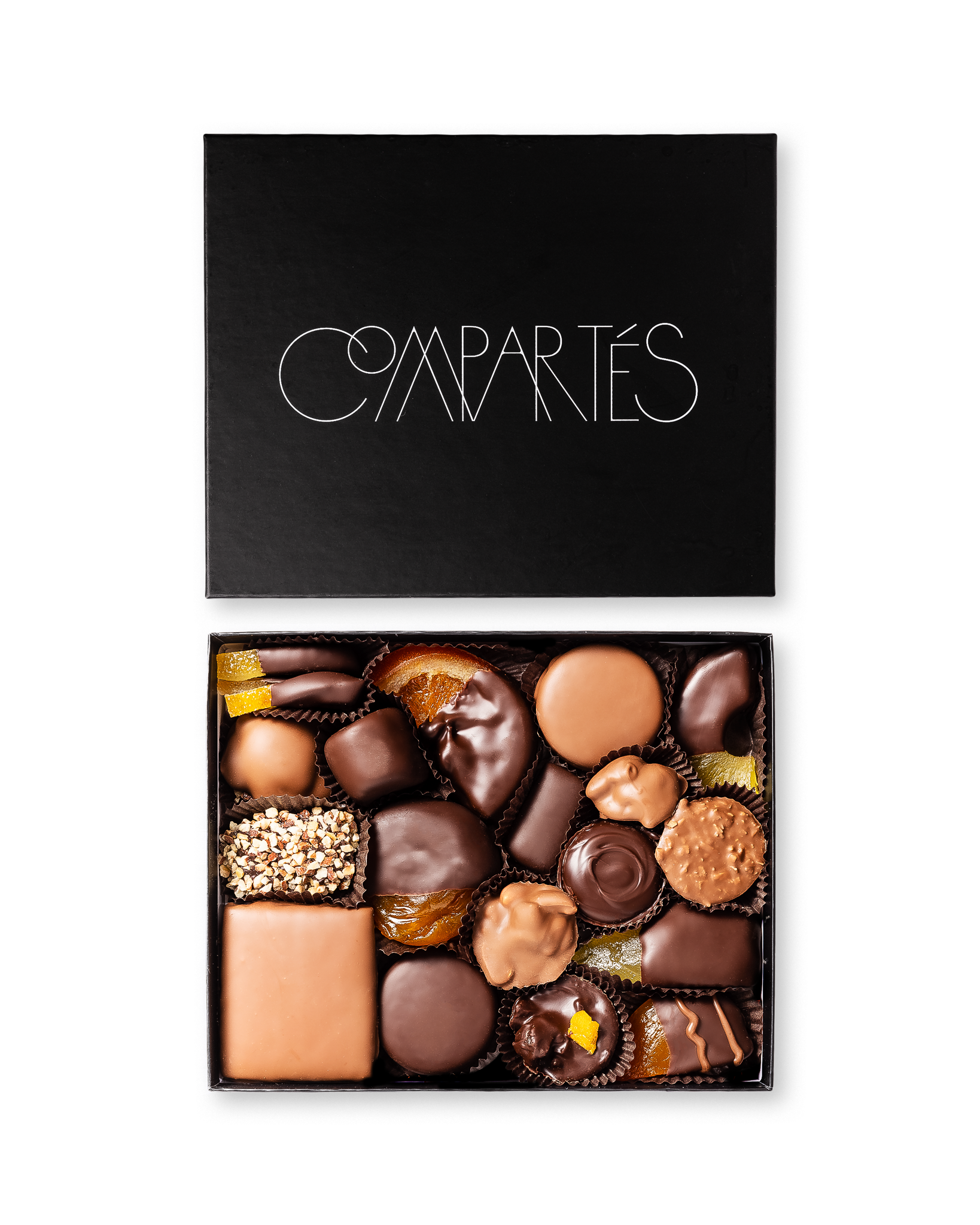 Compartes world famous gourmet chocolates, dark and milk chocolate pieces in a black gift box
