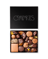 Compartes world famous gourmet chocolates, dark and milk chocolate pieces in a black gift box